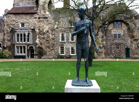 Sculpture of St Edmund in the grounds of Bury St Edmunds Abbey, Bury St ...