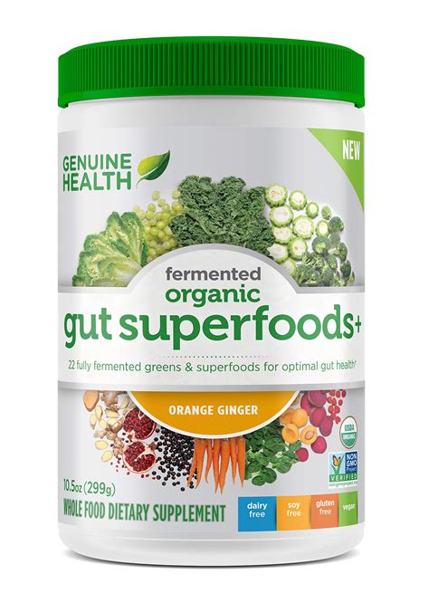 Genuine Health Fermented Organic Gut Superfoods+, Orange Ginger, Vegan Superfoods Powder, 10.5oz ...