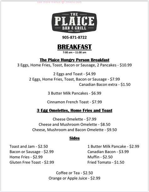 Menu at The Plaice Bar & Grill, Fort Erie