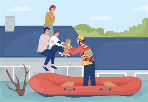 Evacuating people from flooded house flat color vector illustration. Rescue operation. Trapped ...