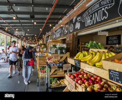 Organic groceries on display and being sold at stall in South Melbourne ...