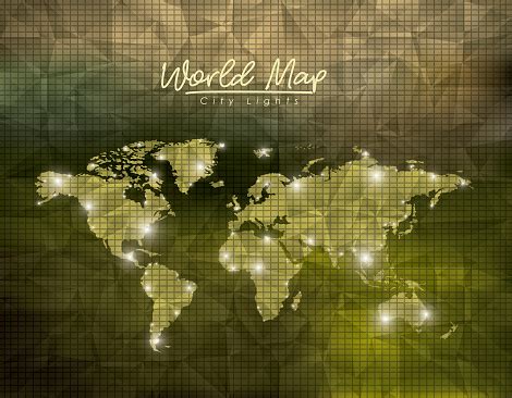 World Map City Lights In Green Polygon Shape Background Stock ...