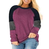 Plus Size Tops for Women Long Sleeve Color Block T Shirts Casual Crew Neck Striped Tunics ...