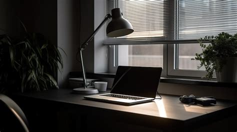 Premium AI Image | A laptop on a desk with a lamp next to it.