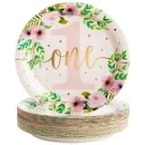 48-Pack Floral Paper Plates for Baby Girls 1st Birthday, First Birthday Decorations for Girl ...