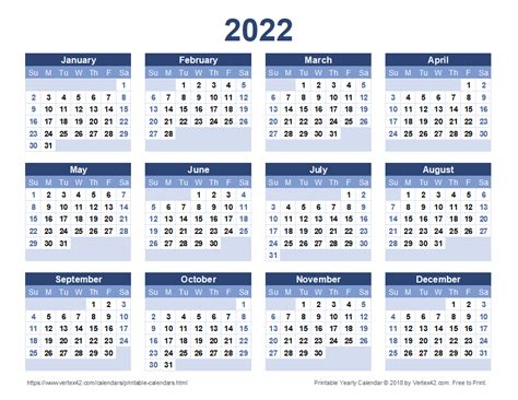 2022 Printable Yearly Calendar | Free Letter Templates