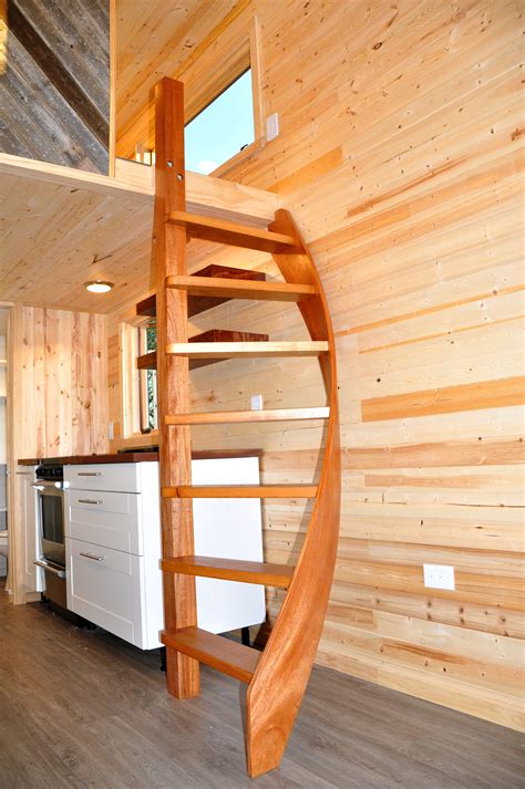 Solid Mahogany Spiral Stairs & Pine Interior Walls make this tiny home cozy and inviting. | Tiny ...