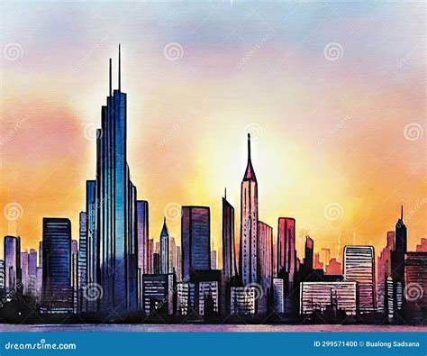 Watercolor of Cyberpunk Cityscape Skyline Stock Illustration ...