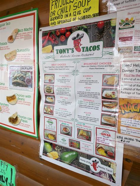 Menu at Tony's Tacos restaurant, Tawas City, 501 W Lake St