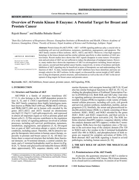 (PDF) Overview of Protein Kinase B Enzyme: A Potential Target for Breast and Prostate Cancer