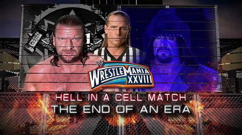 The Undertaker battles Triple H in a Hell in a Cell with Shawn Michaels as the special referee ...