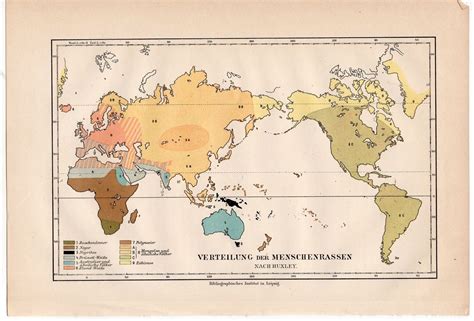 1894 human RACES map print original antique ancient culture