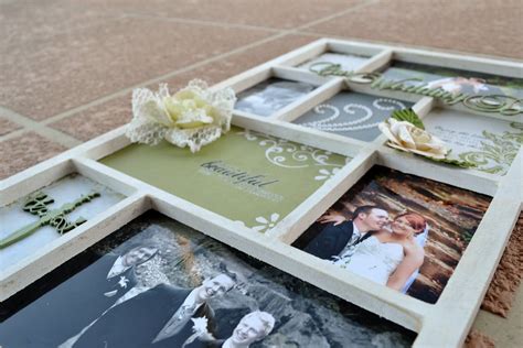 a couple's wedding pictures are placed in a decorative frame on the ...