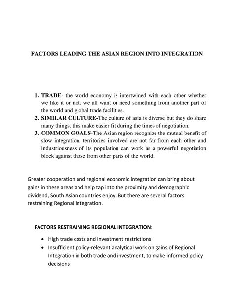 Asian Regionalism - FACTORS LEADING THE ASIAN REGION INTO INTEGRATION TRADE- the world economy ...