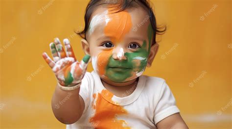 Premium Photo | Tricolor indian flag colors painted on baby boy face on orange background ...