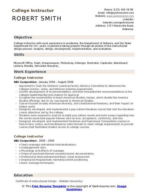 College Instructor Resume Samples | QwikResume