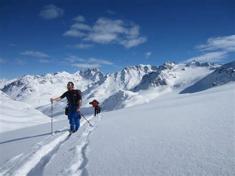 Ski touring from Wiesbadenerhutte, Silvretta Alps. 4-day trip. IFMGA leader