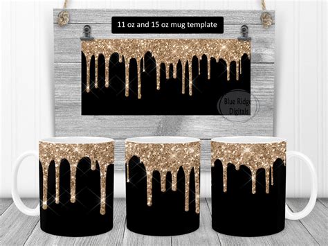 Black with Gold Glitter Drips Full Wrap Mug Sublimation | Etsy in 2021 | Mug template ...