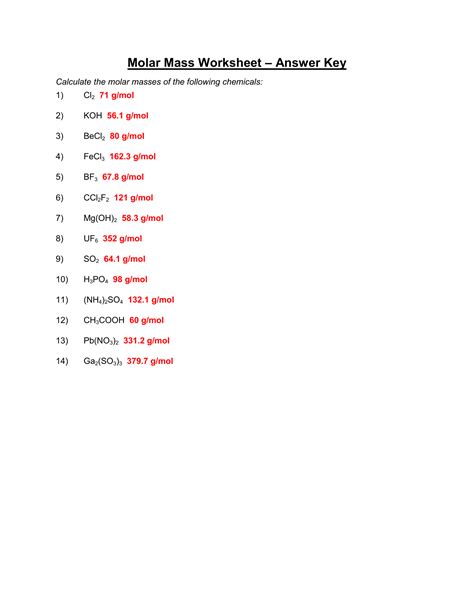 Molar Mass Worksheet - thisislasopa