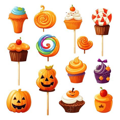 Cartoon Halloween Candies And Sweets Lollipop Cupcakes Caramel Apple ...