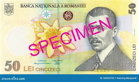 50 Romanian Leu Banknote Obverse Specimen Stock Photo - Image of close ...