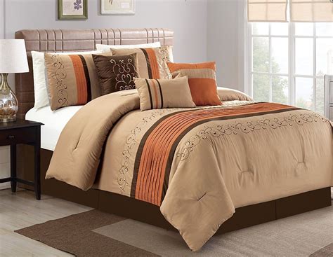 Queen Cal King Brown Tan Spice Embroidered Striped 7 pc Comforter Set ...