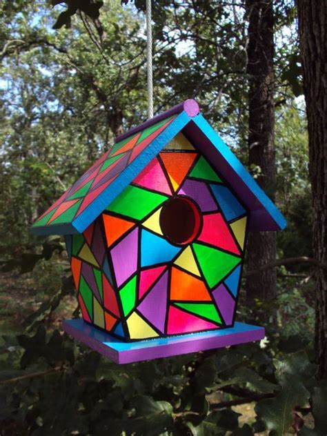 Handpainted Stained Glass Birdhouse Bright Colors with Rope | Cool bird houses, Bird houses ...