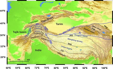 | A topographic map of the Pamir-Tibetan plateau and its surrounding... | Download Scientific ...