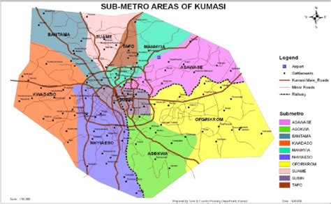 The Sub-Metropolitan Map of the Kumasi Metropolitan Area. (Source: Town... | Download Scientific ...