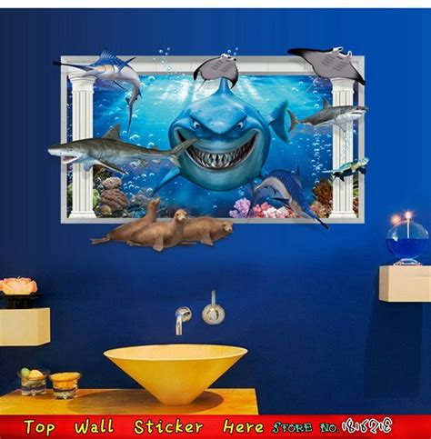 3D Shark Wall Stickers Big Teeth Whale Dolphin Sea Animals Finding Nemo Wall Decals, Blue Ocean ...