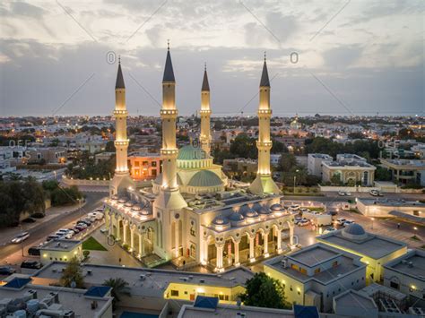 April 26, 2018: Aerial view of Al Farooq Omar Bin Al Khattam Mosque in Dubai, UAE. stock photo ...