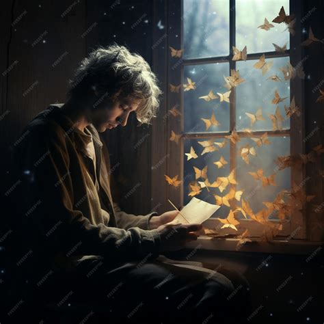 Premium Photo | A man reading a book with butterflies on the window sill.