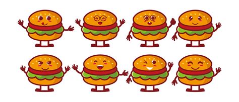 Cute smiling funny burger set collection.Vector flat cartoon face character mascot illustration ...