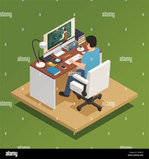 Elearning isometric composition with young man sitting home at computer and receiving distance ...