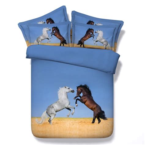 Jumping White And Brown Horses Print 4 Pcs Duvet Cover Sets 100% Cotton ...