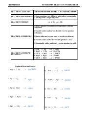 synthesis worksheet.pdf - CHEMISTRY SYNTHESIS REACTION WORKSHEET REACTION CATEGORY SYNTHESIS OR ...