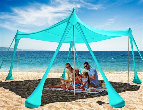 Beach Tent Canopy Beach Shade 10x10ft UPF50+ Sun Shelter with 8 Sand Bags 4 Stable Poles Sand ...