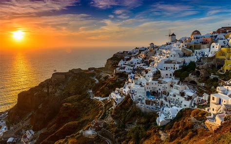 Santorini Island In Greece Aegean Sea Sunset Desktop Wallpaper Hd For ...