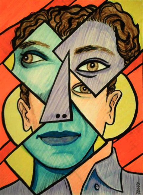 a drawing of two people with different colored shapes on their faces ...