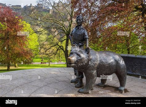 Statue of Wojtek the Soldier Bear in Princes Street Gardens in spring, Edinburgh, Scotland ...