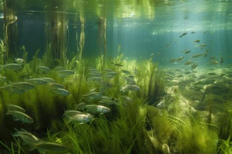 Freshwater Ecosystem with Schools of Fish Swimming among Aquatic Plants Stock Photo - Image of ...