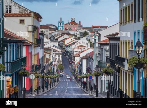 Portugal, Azores, Terceira Island, Angra do Heroismo, Rua da Se street ...