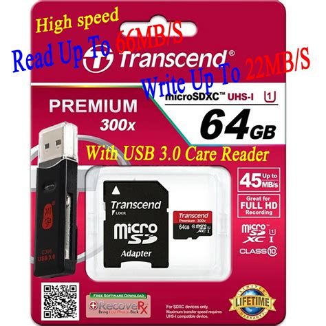 High speed Real 64GB Transcend Micro sd card SDHC SDXC Class10 UHS I ...