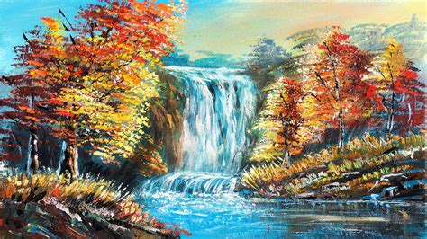 Autumn Waterfall Painting | Easy Acrylic Painting Hidden Autumn Waterfalls Landscape Painting ...