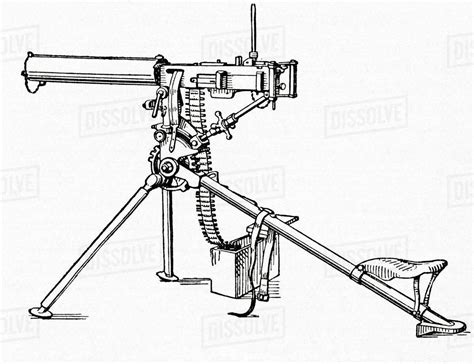 A machine gun mounted on a tripod, used during WWI. From Meyers Lexicon, published 1927. - Stock ...