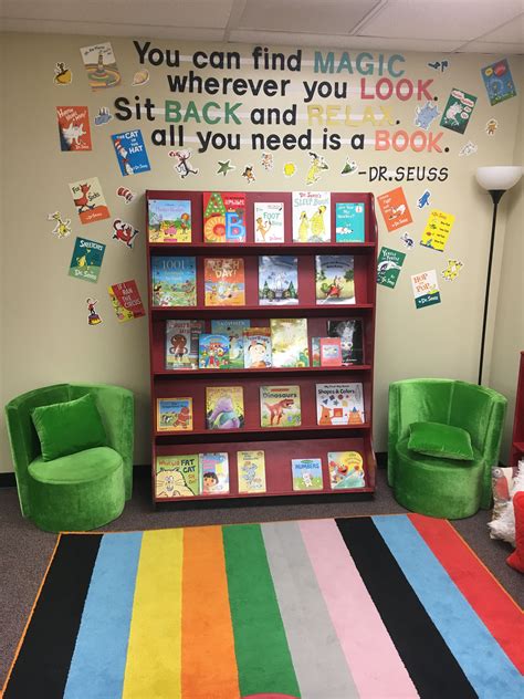 Class reading corner, Dr Seuss, book display | Preschool reading corner, Reading corner ...