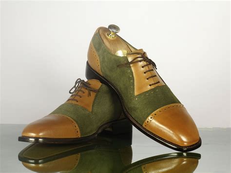 Hand Crafted Men's Tan Green Leather Suede Shoes, Stylish Bespoke Dress ...