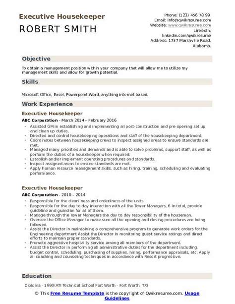 Executive Housekeeper Resume Samples | QwikResume