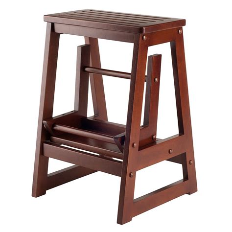 Walnut Wooden Folding Step Stool Seat 2 Tier Platform Ladder Kitchen ...