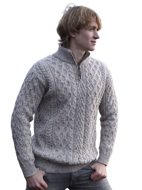 Mens Sweater Half Zip Merino Wool Irish Pullover Traditional Aran stitching | eBay